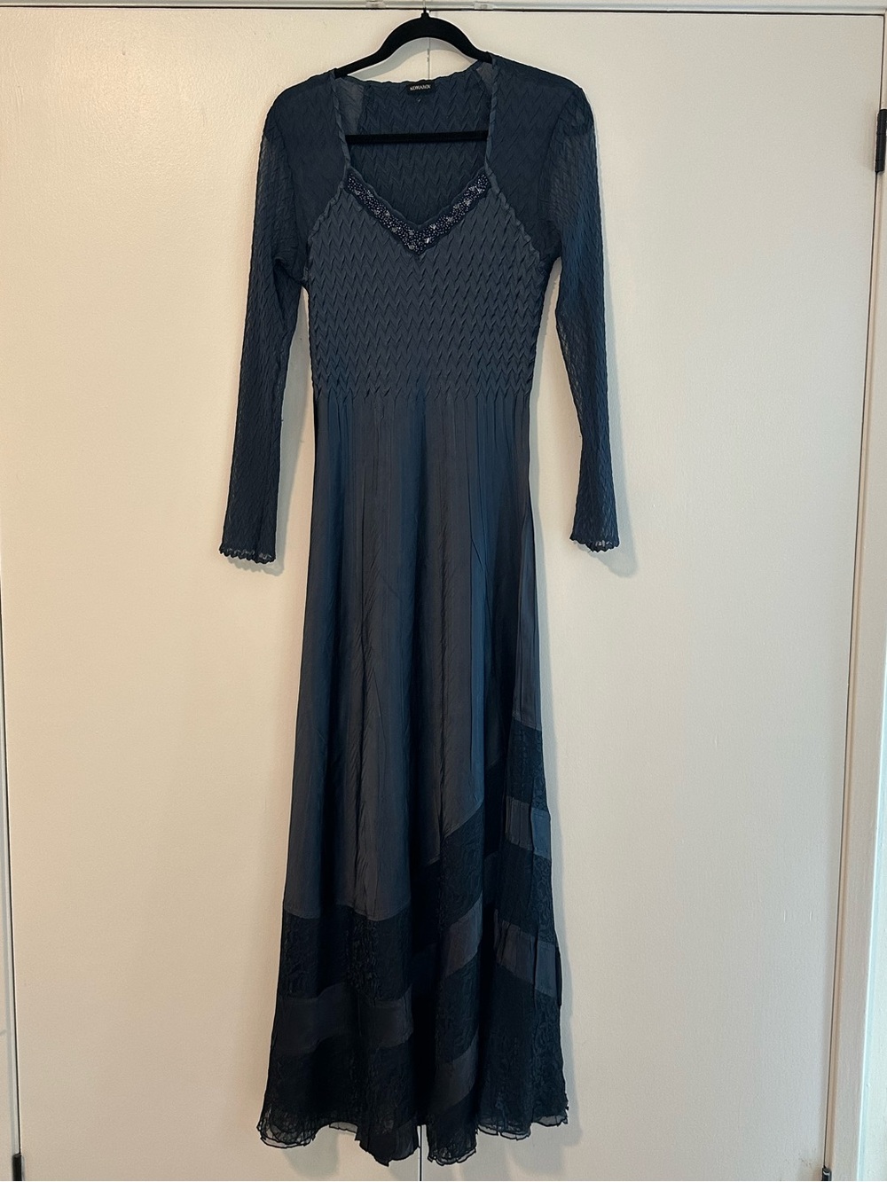 Komarov Sleeve Navy Blue Maxi Dress with Lace Trim